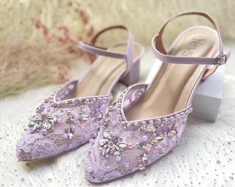 lilac cinderella classy pointed toe shoe, lace embroidered ankle strap bridal heels, party pearl beaded wedding shoe, classy elegant heels