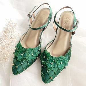 emerald green floral lace heels, embroidered pointed toe kitten heel, simple elegant bridesmaid ankle strap shoe