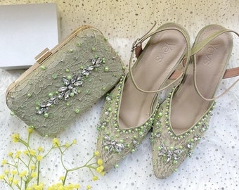 Sage Green Lace Beaded Heels: Elegant Cinderella Wedding Shoe