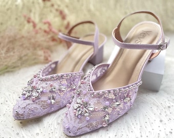 lilac lace handmade embroidery bridal heels, pearl beaded ankle strap wedding guest shoes, classy elegant wedding guest shoe