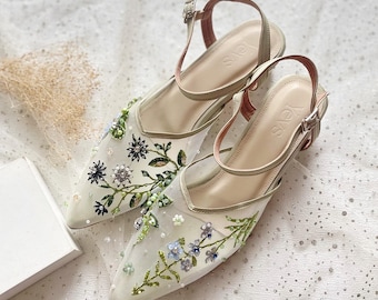sage green flower embroidery transparent heels, classy elegant tropical wedding shoe