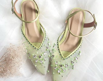 sage green transparent pearl rhinestone shoe, pointed toe elegant wedding guest flats, classy elegant bridesmaid heel