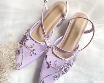 lavender rhinestone embroidery cinderella shoes, mesh floral crystal wedding guest comfort heels