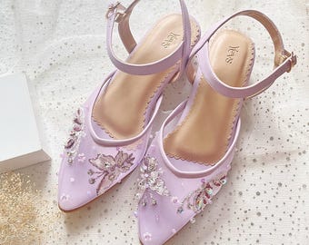 lilac butterfly transparent shoe, fairytale floral beaded garden party wedding guest heel, handmade flats