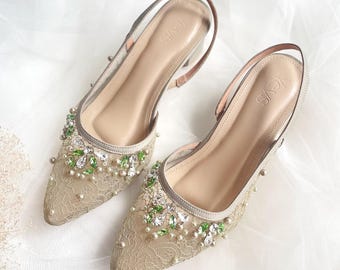 sage green handmade simple lace wedding pumps, classy embroidered party princess shoes