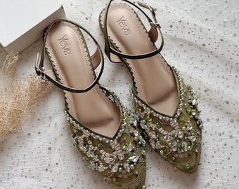 green lace rustic wedding flat shoe, pointed toe garden party heels, classy elegant pearl beaded summer bridal shoe