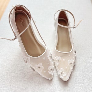 white transparent woman wedding shoe, classy floral beaded bridal low heel, simple minimalist beaded bridesmaid shoe, pointed toe party heel