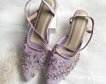 lavender lilac flower handmade embroidery wedding heels, pointed toe garden party wedding guest flats, summer party bridesmaid flats