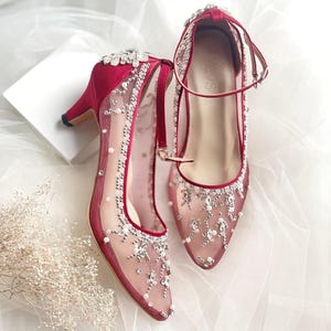 Red Cinderella Pearl Beaded Wedding Shoes: Ankle Strap Kitten Heels