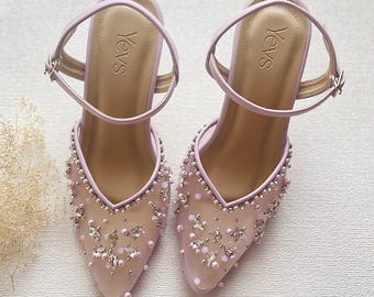 lilac transparent beaded wedding shoe, simple cinderella pearl embellishment heel, ankle strap bridesmaid glass heels