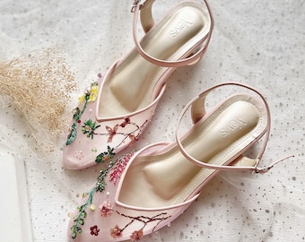 pink floral embroidery bridal shoe, classic tulle elegant flat shoe, pointed toe tropical wedding guest heels