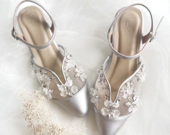 silver flower handmade beaded bridesmaid heels, metallic elegant wedding party shoes