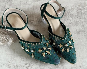 Smaragd grüne Spitze elegante Braut Heels, Perle Perlen Strass Hochzeitsgast im Freien Partyschuhe