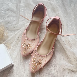 Chaussures d'invité de mariage ornées de perles rustiques, bout pointu, talons de mariée en strass, escarpins transparents