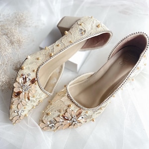 champagne light gold lace bridal pumps, pearl beaded rhinestone wedding guest statement shoes