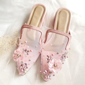 pink floral transparent beaded fashion mules, formal party sequin tulle wedding guest sandals