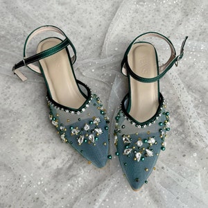 hunter green transparent classy bridal shoe, ankle strap comfort party shoe, emerald green pearl beaded heel, simple cinderella elegant shoe