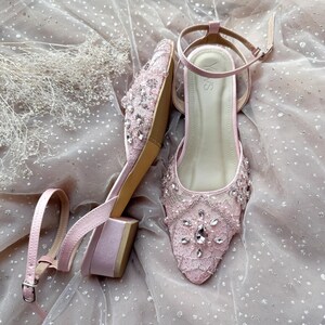 pink lace bridal embroidery flats, rhinestone ankle strap wedding guest shoes