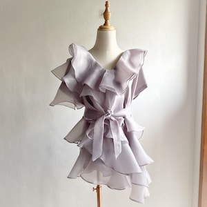 gray ruffle organza top, V neck elegant party blouse, minimalist garden party top, wedding guest top, chic women formal blouse