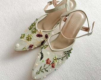 sage green handmade embroidery shoes, pointed toe unique shoe, ankle strap beaded heels, flower heels, custom party heels, elegant shoe