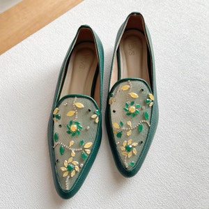 emerald green woman pump shoe, flower beaded flat shoes, unique formal shoe, embroidered designer shoe, low heels classy elegant shoe