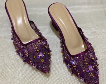 dark purple lace embroidery wedding guest heels, handmade pearl beaded pointed toe statement mule