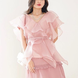 blush pink ruffle party top, elegant outdoor vacation blouse, classy simple organza top, garden party top, valentine top, new year top
