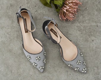 silver gray simple beaded mary jane heels, elegant low heel party shoes