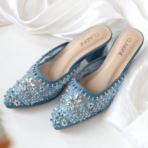 blue transparent floral beaded summer wedding mules, elegant embroidery wedding guest sandal