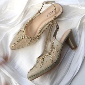sage green pearl beaded party shoe, sling back classy handmade heel, lace classy elegant shoe, pointed toe handmade heel, block heel shoe