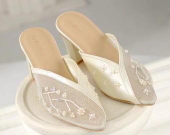 ivory beaded two side wedding guest formal mules, elegant party garden party sandal