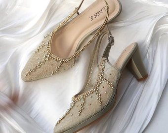 sage green pearl beaded slingback wedding pumps, handmade elegant lace bridal party shoes