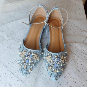 blue lace pointed toe unique wedding shoe, classy glam pearl beaded ankle strap shoe, wedding guest party shoe, elegant bead bridesmaid heel
