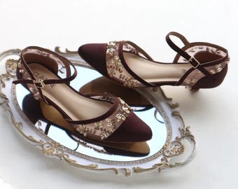 dark brown minimalist rhinestone beaded kitten heel party shoe, special occasion elegant pumps