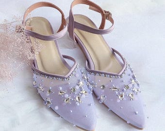 lavender pearl beaded garden party heels, tulle ankle strap minimalist bridesmaid shoe