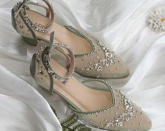 grüne Strass elegante Hochzeitsschuhe, Perle verschönert Brautjungfer individuelle Ferse