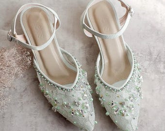 mint green lace bridal shoes, pearl embroidered ankle strap evening party heels
