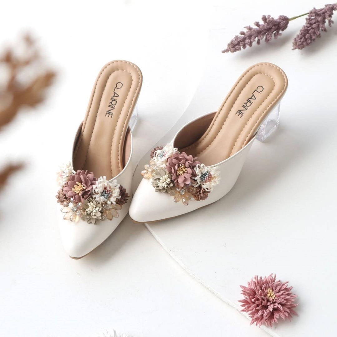 Rustic Heels Rustic Flower Party Ivory Mules, Blush Rose Tropical Garden Party ...