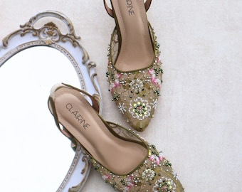 green lace floral beaded shoe, sequin embroidery party shoe, classy elegant bridal heels, tropical minimalist shoe, earth tone shoe