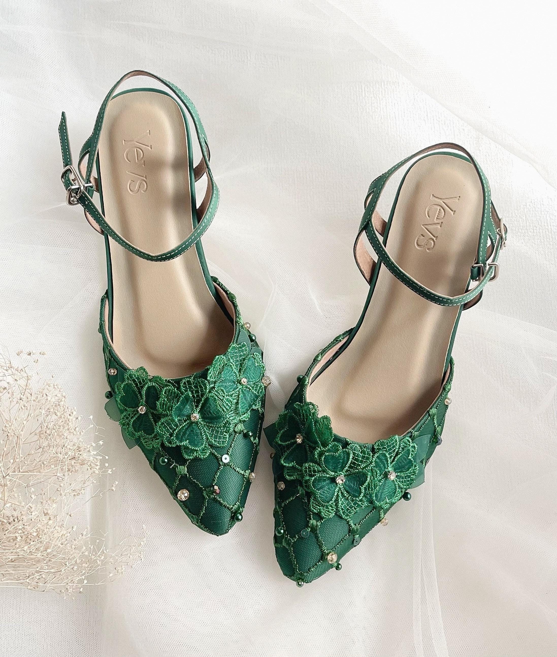 Women's Mesh Floral Slingback Heels - Pearl Studded Pointed Toe Kitten Heels (2.7 Inch)
