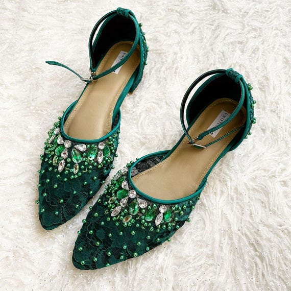 emerald green lace pearl beaded wedding guest shoes, embroidery rhinestone bridesmaid flats