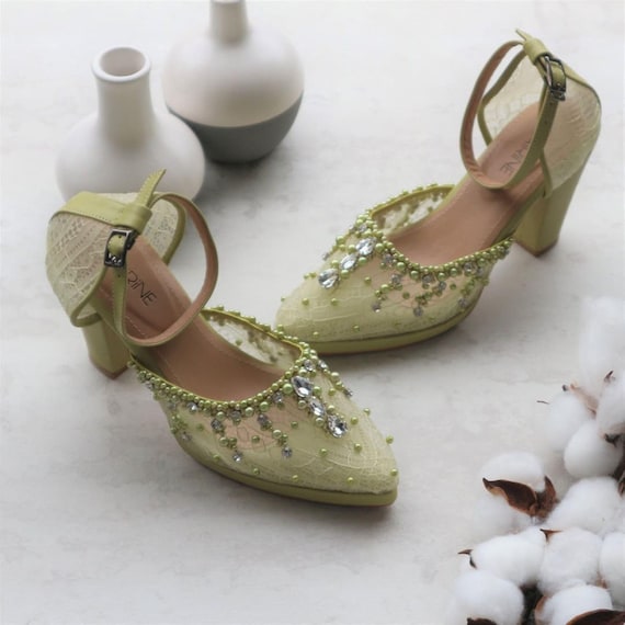 sage green pearl beaded wedding shoe, lace rhinestone embroidery block heel for bridesmaid