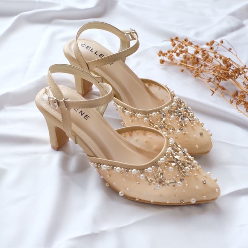 gold beaded pearl embellishment wedding guest heels, handmade embroidered garden party shoes image 1