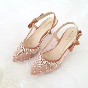 rose gold simple beaded wedding heels, pointed toe party shoe, classy elegant shoe, pearl beaded high heels, simple minimalist party shoe