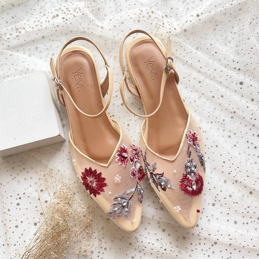 Rustic Heels Vintage Rustic Floral Embroidery Garden Party Heels, Transparent Beaded ...