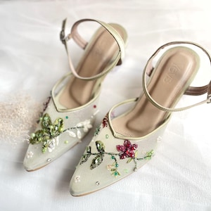 sage green embroidery unique party shoe, garden party green handmade heels, simple sequin beaded ankle strap shoe, pointed toe heel