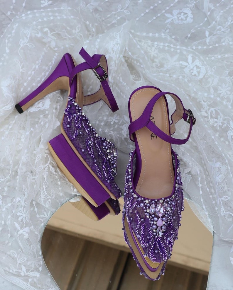 Purple bridal shoes and dress sneakers - purple lace platform heels