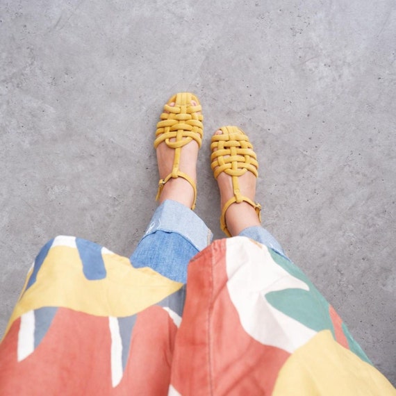 honey yellow velvet woven hippie ankle strap sandals, women's casual vacation shoes