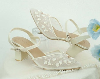 ivory beaded minimalist pointed toe shoe, classic elegant wedding party shoe, floral ankle strap heels, wedding guest heels, fairy shoes