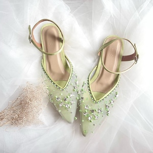 transparent sage green rhinestone beaded shoe, mesh pumps pointy heels party shoe, formal event comfort heels, elegant fishnet custom heels